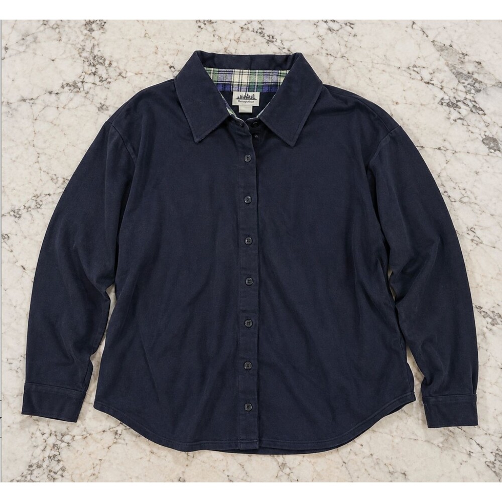 Metropolitan Women M Navy Blue Button Front Collared Sweatshirt Long Sleeve Top
